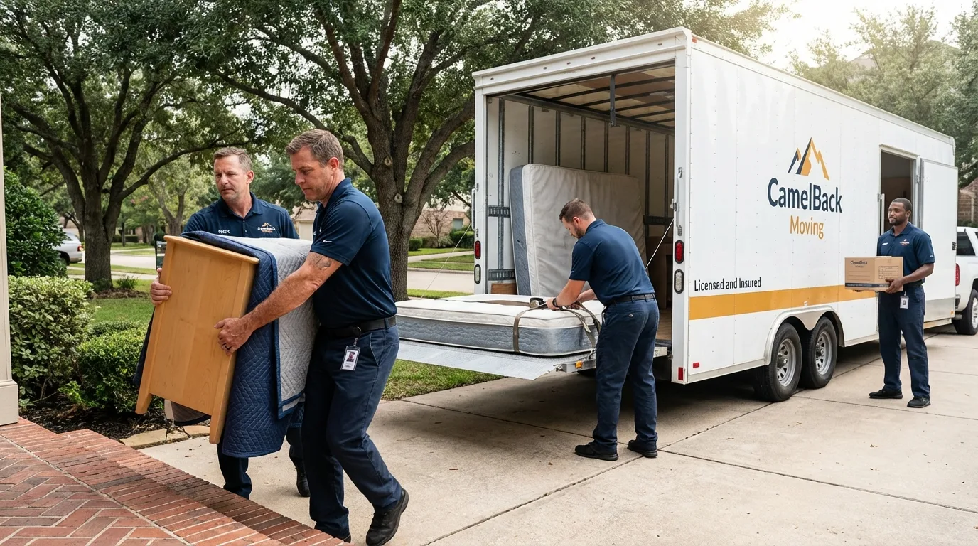 Crew loading residential truck for cross-state move from Jewett, TX