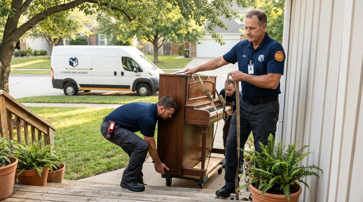 Licensed piano movers securing grand piano in Jewett, TX