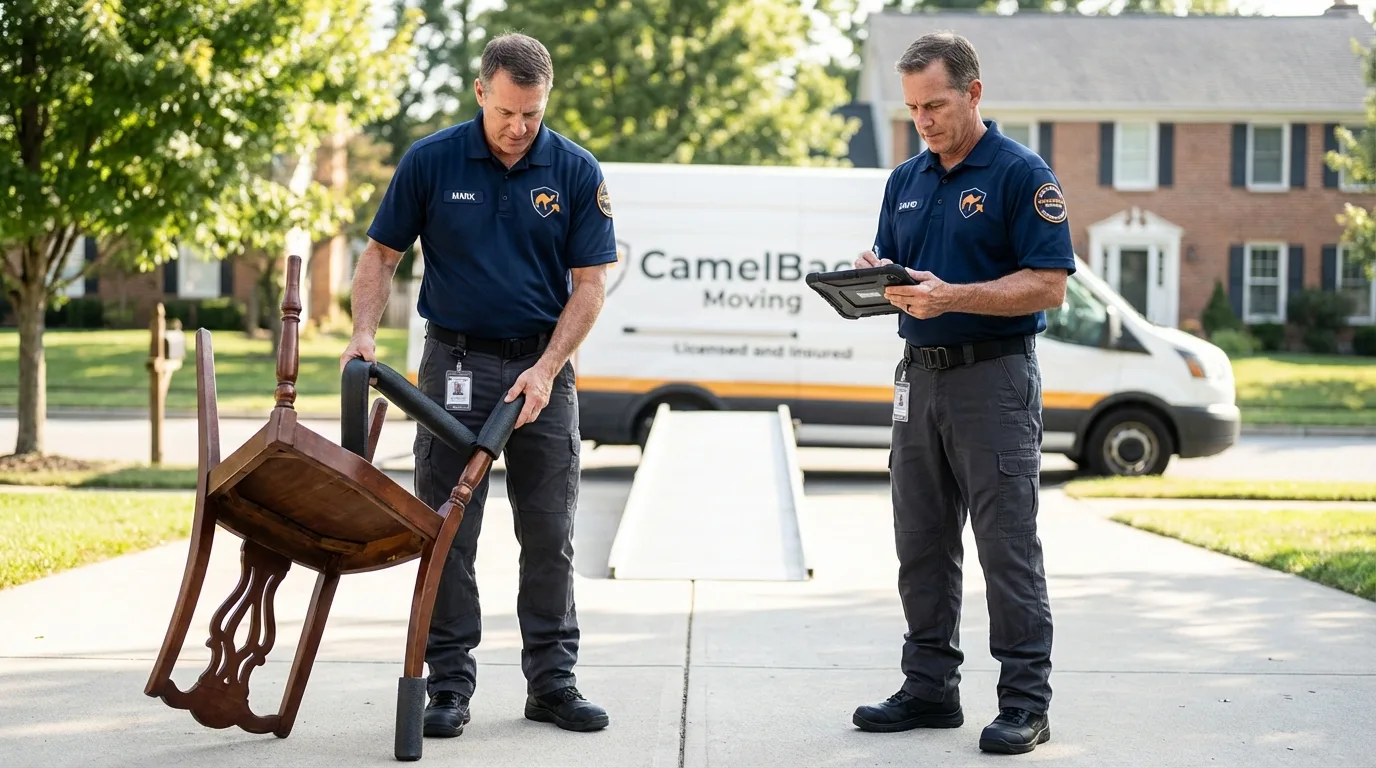 Movers inspecting furniture for damage prevention before loading in Jewett, TX
