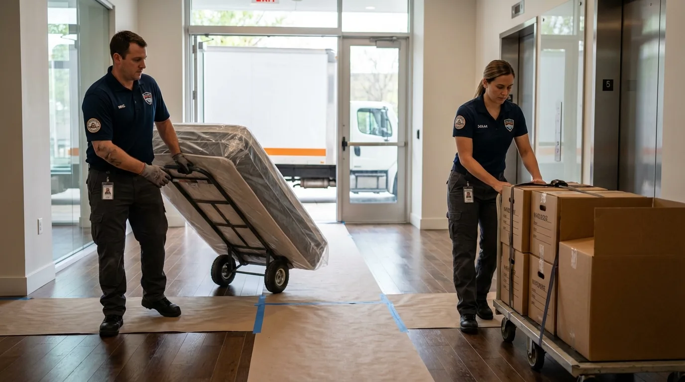Professional apartment movers loading elevator in Jewett, TX