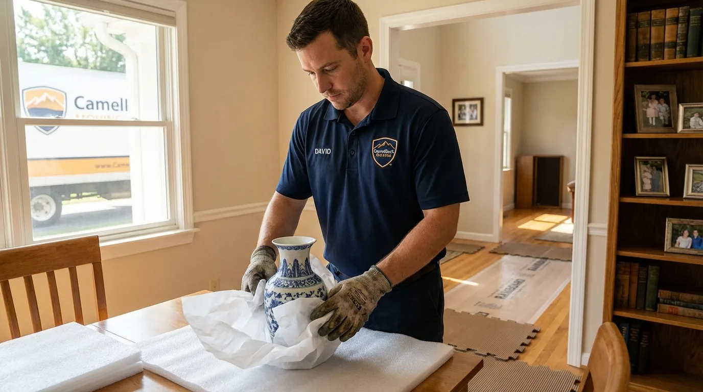 Professional crew carefully wrapping antique vase for senior downsizing move in Jewett, TX